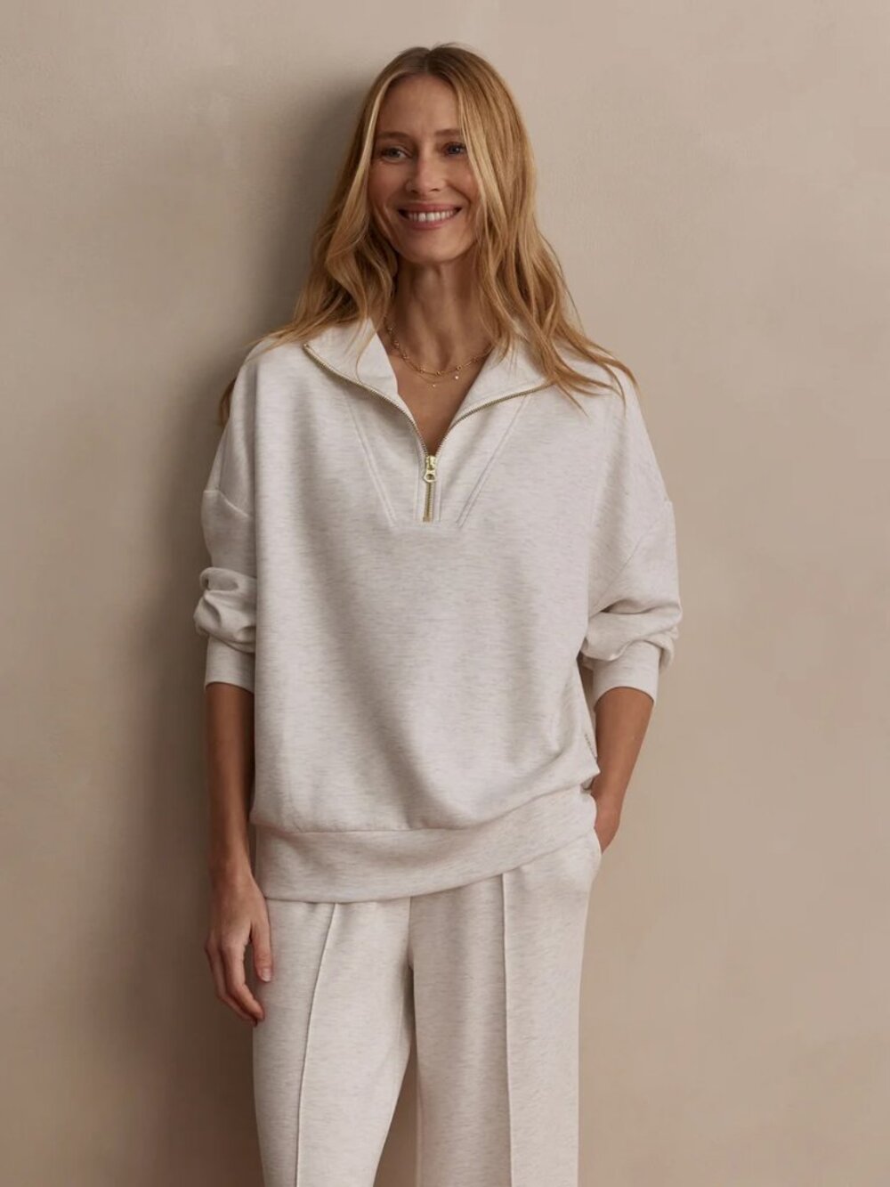 Varley Hawley Half-Zip Sweat in Ivory Marl, Size XXS